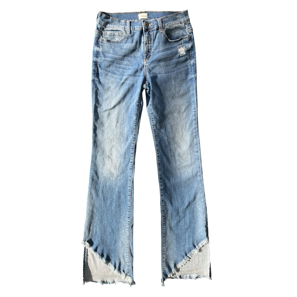 Sneak Peek Mid Rise Kick Flare Asymmetric Raw Hem Blue Jean 7 Indie Festival Y2K